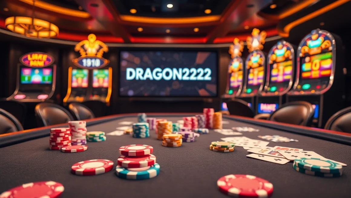 Engaging players at link DRAGON222 while enjoying vibrant slot machines and poker chips excitement.