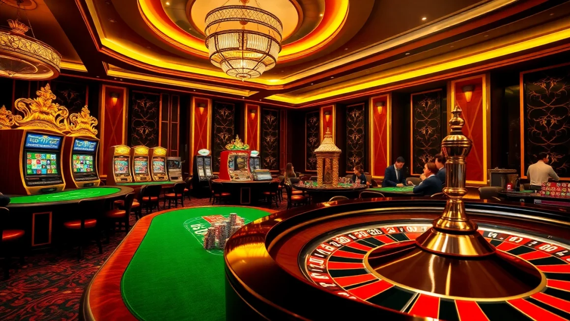 Experience the thrill of gambling at nhà cái 888b with players enjoying casino games and vibrant slot machines.
