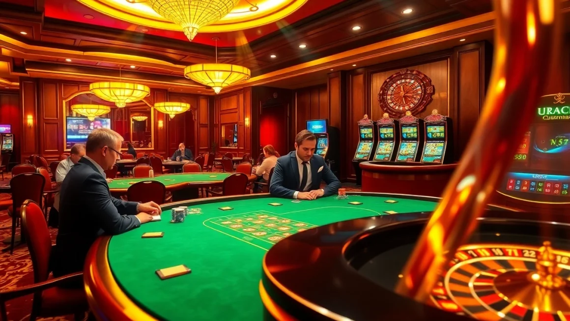 Players enjoying poker and blackjack at U 888 casino tables in an elegant and vibrant environment.