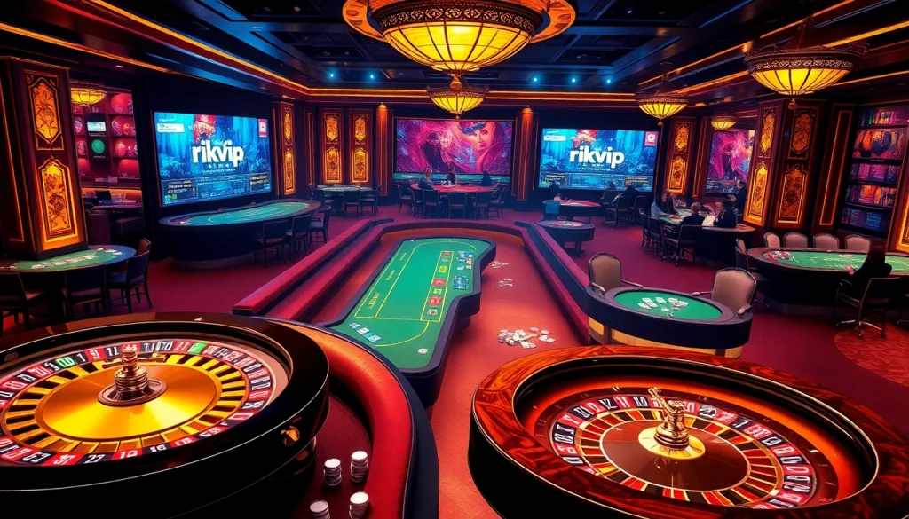 rikvip players enjoying a thrilling casino atmosphere with roulette and poker.