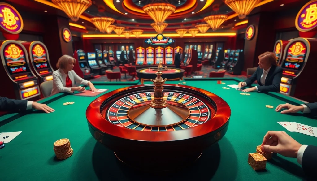 Engaging btc casino gaming scene showcasing players at roulette and slot machines.