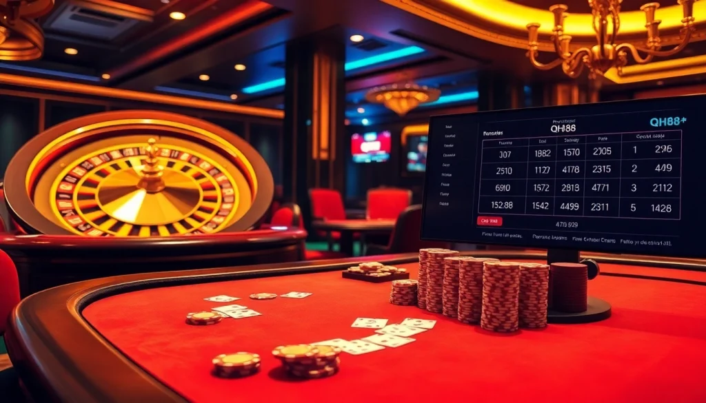 Engaging scene of qh88 online casino with poker chips and roulette wheel.