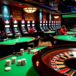 Players enjoy poker at 789 club, surrounded by lively slot machines and a shining roulette wheel.