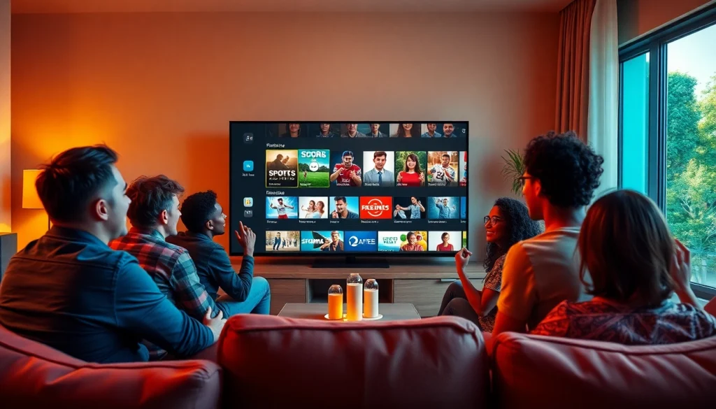 Enjoying Iron TV Pro in a cozy living room setting with friends watching various channels.