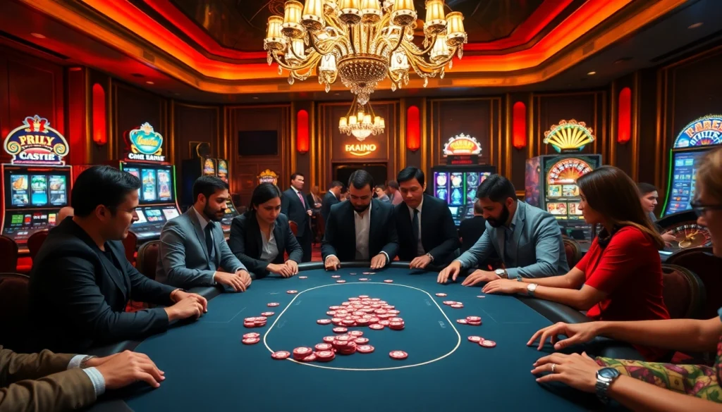 Los jugadores disfrutan de un juego emocionante en el casino 789g, rodeados de fichas coloridas y máquinas tragamonedas brillantes.