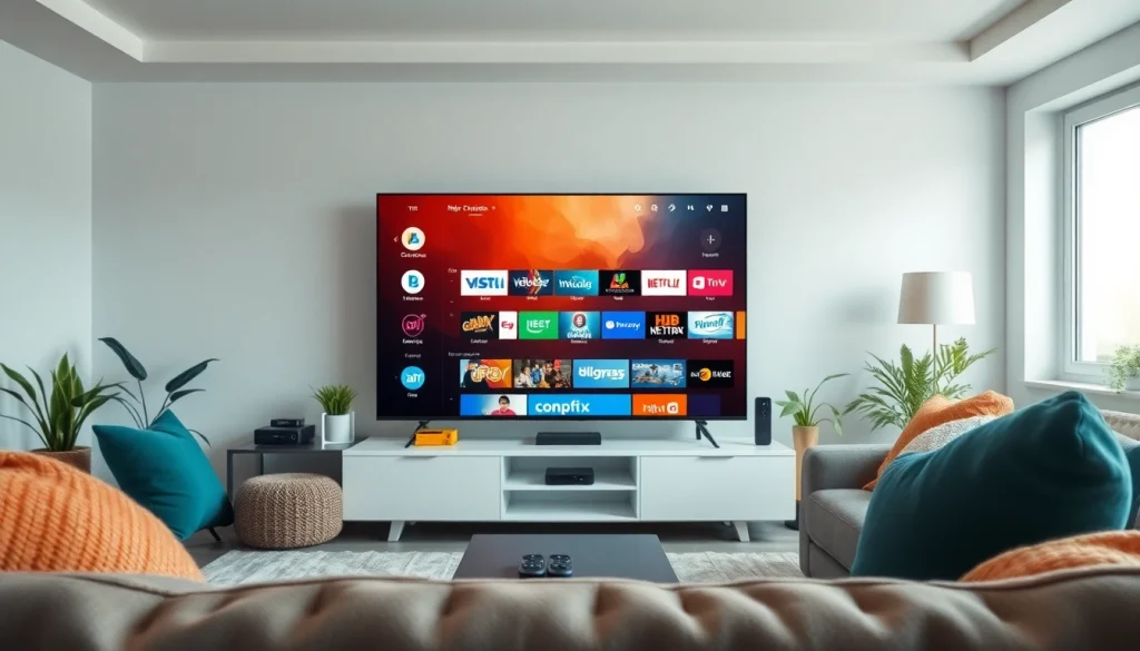 Configuration de salon confortable mettant en avant des appareils IPTV affichant une interface Abonnement IPTV.