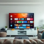 Configuration de salon confortable mettant en avant des appareils IPTV affichant une interface Abonnement IPTV.