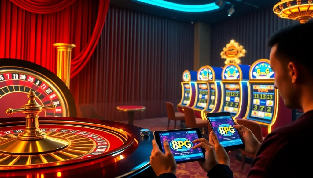 Una experiencia de casino emocionante con la app de 8PG que muestra tragamonedas y ruleta.
