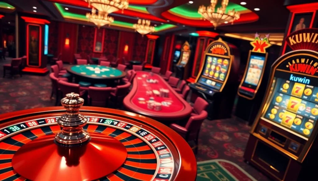 Experience thrilling wins at kuwin.com with a vibrant casino scene featuring roulette, poker, and slots.