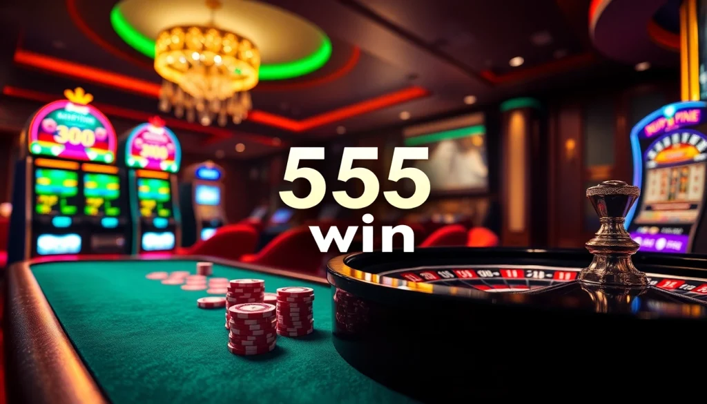 Players revel in the thrill of victory with 555 win at an elegant casino table filled with poker chips and roulette wheels.