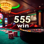 Players revel in the thrill of victory with 555 win at an elegant casino table filled with poker chips and roulette wheels.