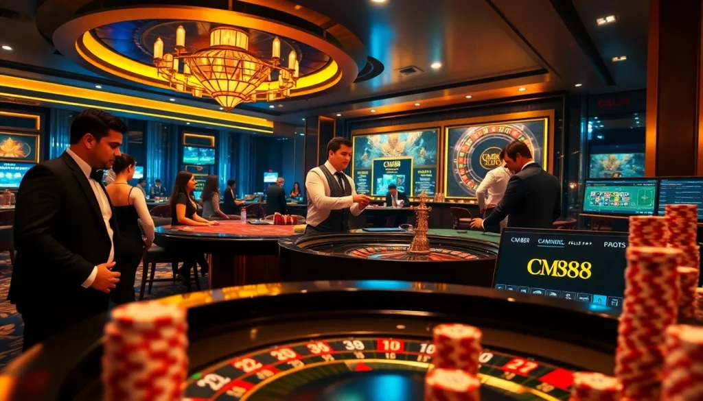 Experience vibrant gambling action with CM88 at a luxury casino featuring roulette and poker.