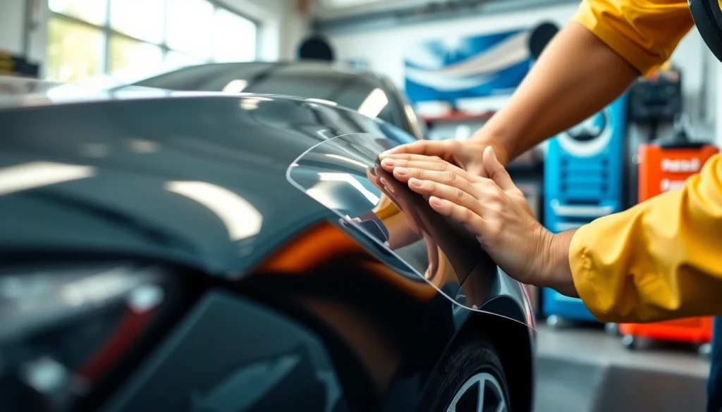 Apply paint protection film near me showcasing expert detailing on a luxury car in a bright garage setting.