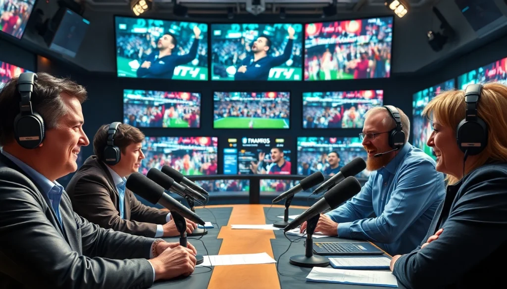 Sports Broadcasting professionals discussing live events in a vibrant studio.