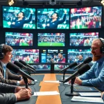 Sports Broadcasting professionals discussing live events in a vibrant studio.