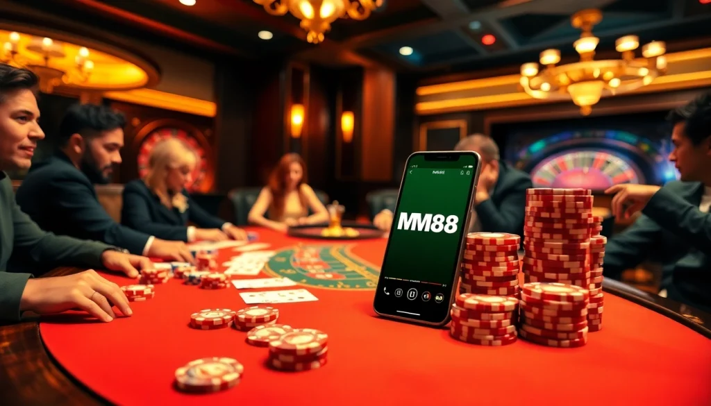 Players engaging in high-stakes poker at MM88, displaying excitement and luxury in a vibrant casino.