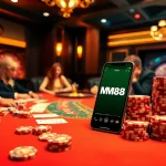 Players engaging in high-stakes poker at MM88, displaying excitement and luxury in a vibrant casino.