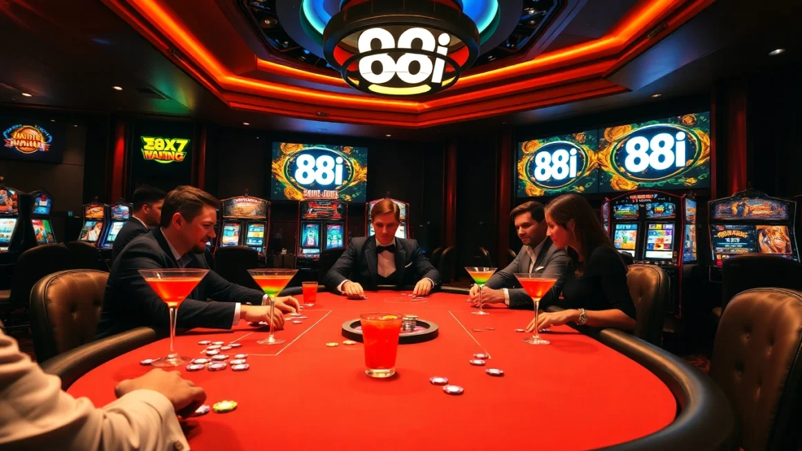 Exciting poker action at a casino table featuring the 88i brand, with colorful chips and a vibrant atmosphere.