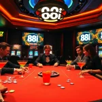Exciting poker action at a casino table featuring the 88i brand, with colorful chips and a vibrant atmosphere.