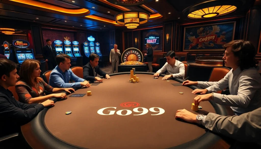 Engaging Go99 casino scene with players at a high-stakes poker table, vibrant ambiance.