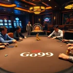 Engaging Go99 casino scene with players at a high-stakes poker table, vibrant ambiance.