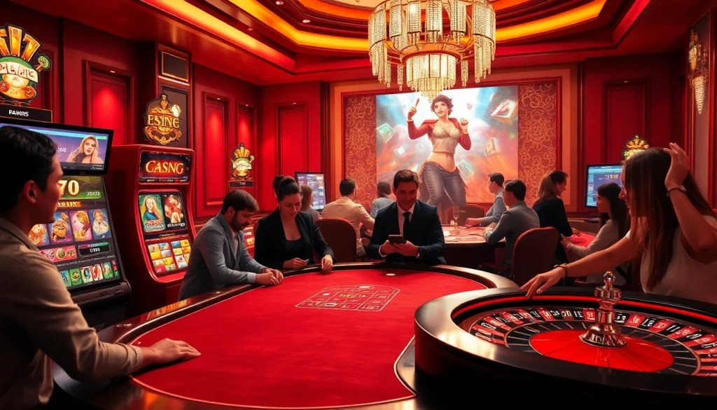 Captivating casino en ligne francais scene with players enjoying poker and slots in a vibrant setting.