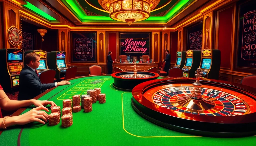 Nohu90 players enjoying a vibrant casino environment with exciting games and luxurious decor.