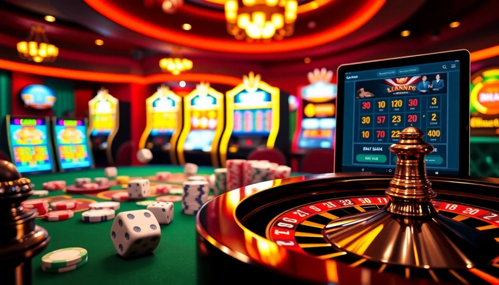 Experience the thrill of casino en ligne francais with a vibrant gaming scene, featuring poker chips and a spinning roulette wheel.