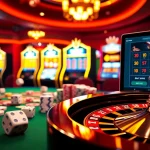 Experience the thrill of casino en ligne francais with a vibrant gaming scene, featuring poker chips and a spinning roulette wheel.