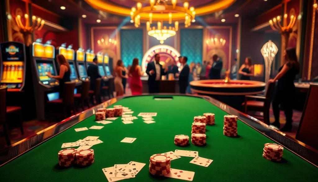 Scène excitante présentant le casino en ligne français avec des joueurs appréciant le poker à une table de casino élégante.