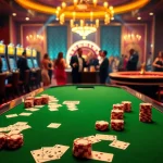 Scène excitante présentant le casino en ligne français avec des joueurs appréciant le poker à une table de casino élégante.