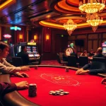 Intense poker game featuring MMOO at a luxurious casino table with vibrant chips and cards.