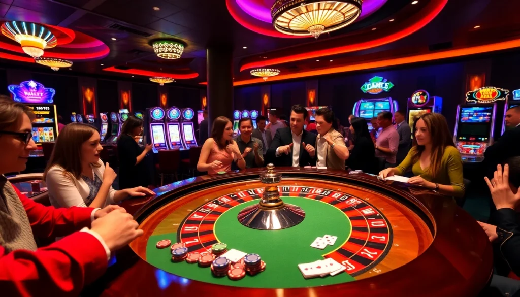 Une scène captivante illustrant l'excitation au meilleur casino en ligne avec des joueurs autour d'une table de roulette et une atmosphère de jeu vibrante.