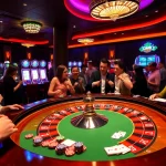 Une scène captivante illustrant l'excitation au meilleur casino en ligne avec des joueurs autour d'une table de roulette et une atmosphère de jeu vibrante.