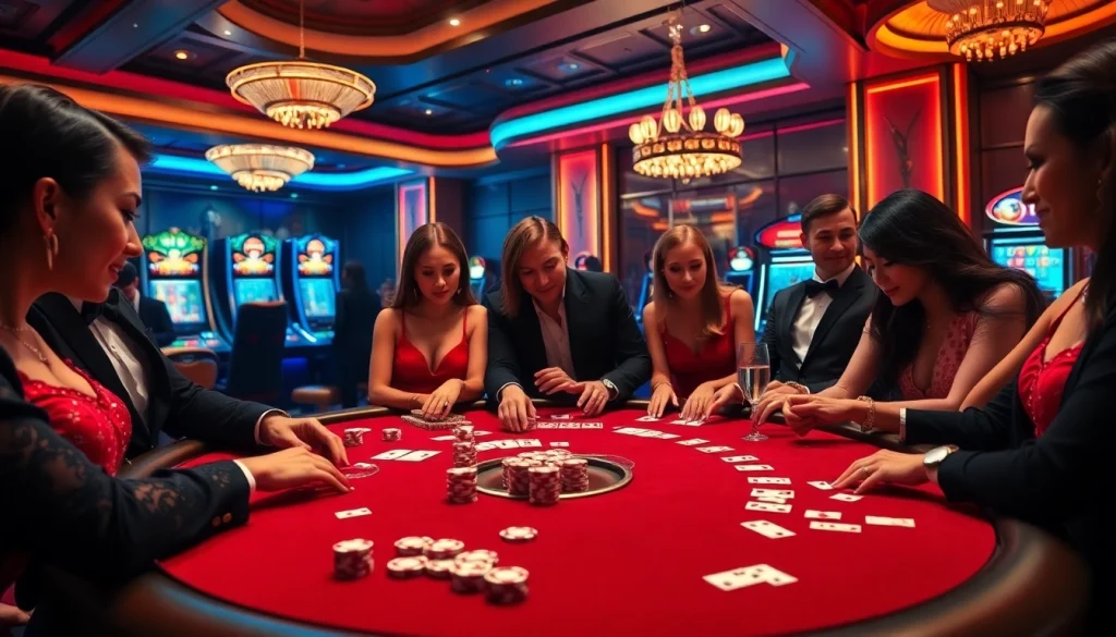 Scène passionnante de casino en ligne français avec des joueurs profitant du poker et de la roulette.