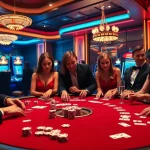Scène passionnante de casino en ligne français avec des joueurs profitant du poker et de la roulette.