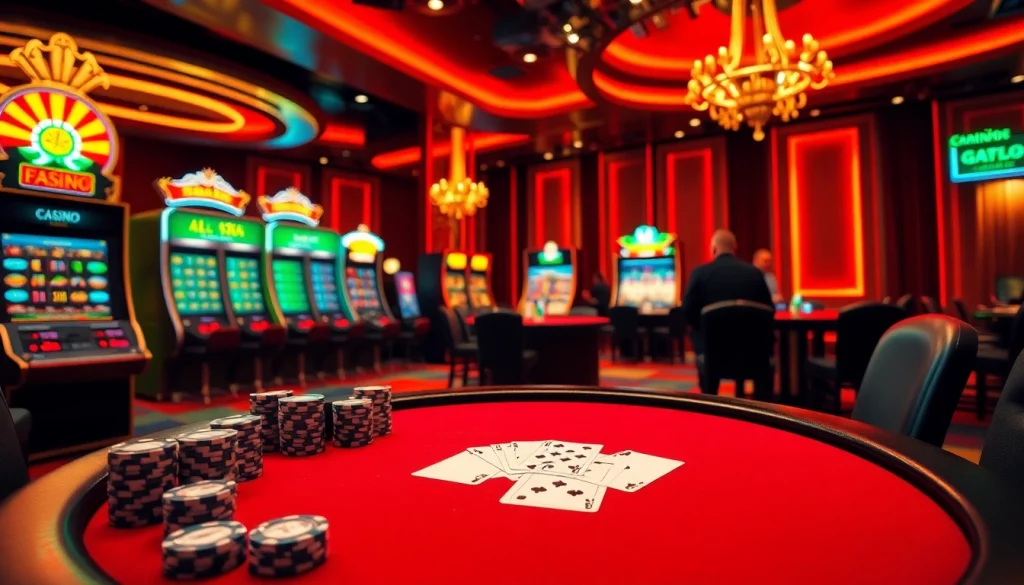 Casino en ligne francais scene depicting players at an online poker table with vibrant lighting and luxurious decor.