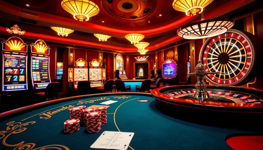 High-energy gaming environment featuring casino en ligne francais with vibrant slot machines and roulette.