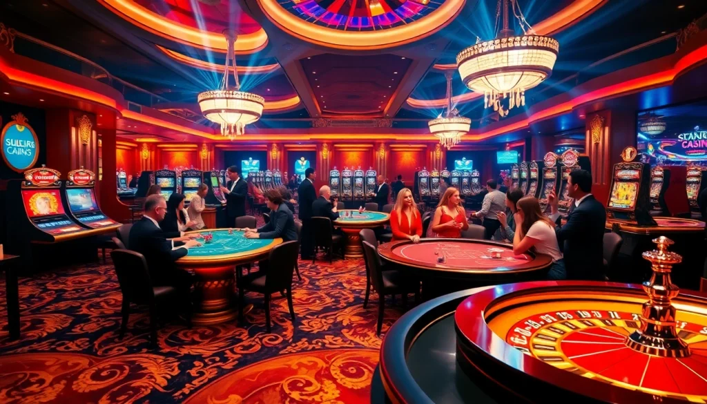 Exciting scene of the meilleur casino en ligne with players enjoying blackjack, poker, and slot machines.