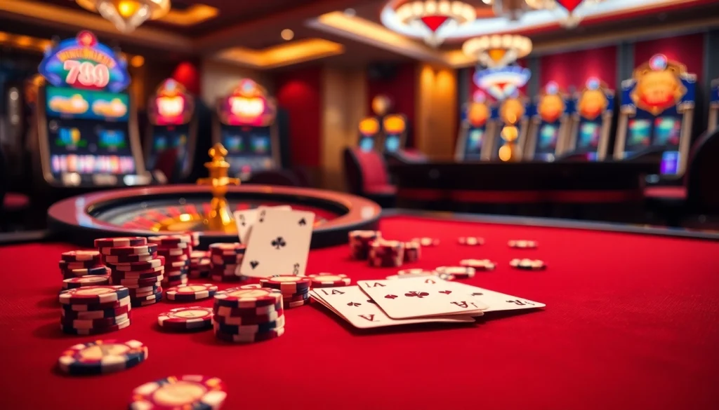 Players enjoying an exciting poker game at 789P casino, featuring chips and cards.