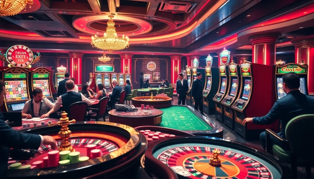 Scène passionnante de joueurs dans un casino en ligne français, profitant de jeux aux couleurs vives et au luxe.