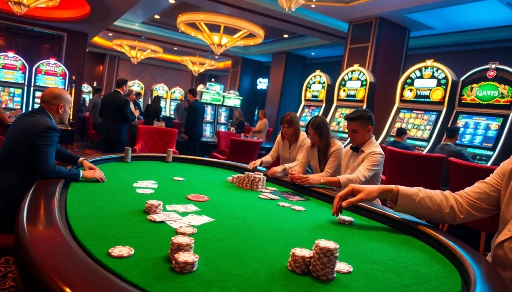 Engage in thrilling gameplay at QQ88COM's professional casino, featuring poker tables, vibrant chips, and high-end slots.