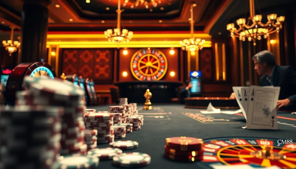 Experience thrilling gameplay at CM88 with poker chips and roulette wheels in a luxury casino setting.