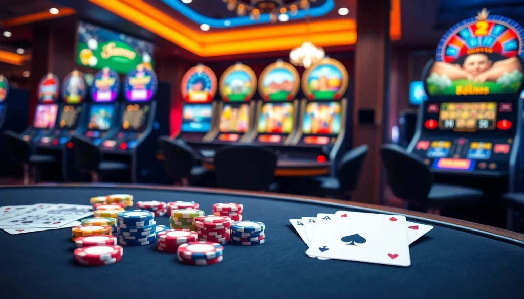 Un gameplay captivant dans un casino en ligne français avec des jetons de poker et une roue de la roulette.