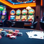 Un gameplay captivant dans un casino en ligne français avec des jetons de poker et une roue de la roulette.